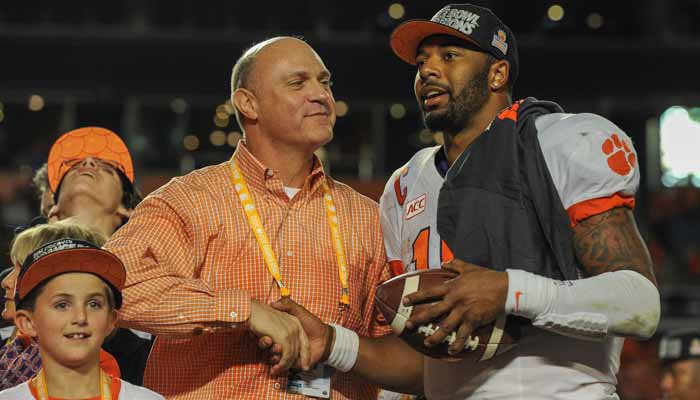 Clement's shakes the hand of Tajh Boyd after the thrilling Orange Bowl win.