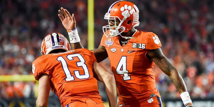 Renfrow gets a pat on the helmet from Deshaun Watson in the Orange Bowl 
