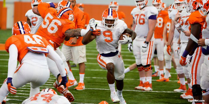 Wayne Gallman drives for yards in the PAW drill 
