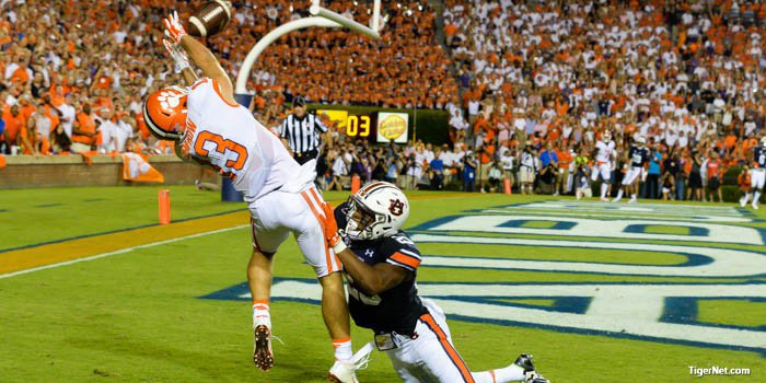 Hunter Renfrow goes up for the catch last year at Auburn