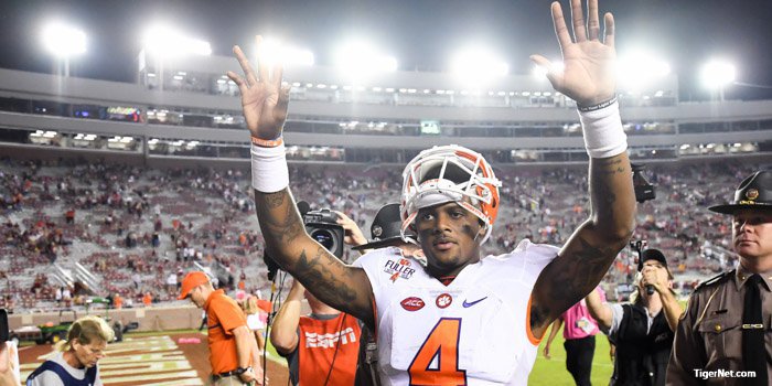 Watson celebrates as he leaves the field after the win over Florida St. 