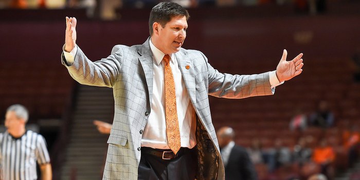 Clemson head coach Brad Brownell reacts to a call