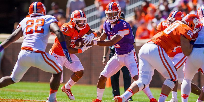 Kelly Bryant hands off to C.J. Fuller Saturday (Photo by David Grooms)