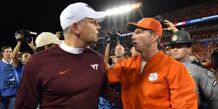 Justin Fuente (L) and Dabo Swinney after last year's ACC Championship (Photo by Jason Vinlove, USAT)