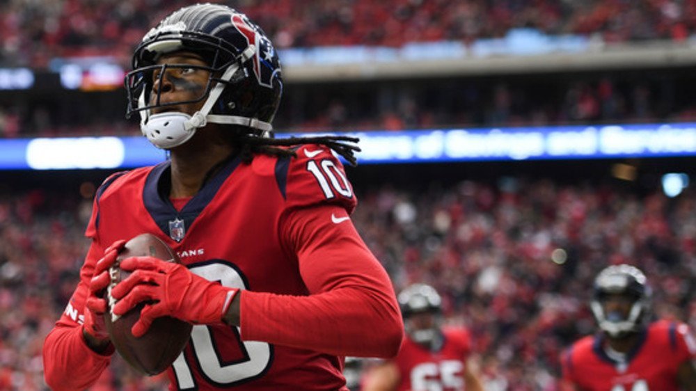 DeAndre Hopkins runs in the end zone Sunday after his league-leading 11th touchdown reception this season. (USA TODAY Sports-Shanna Lockwood)