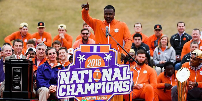 Johnson points into the crowd during the national championship celebration