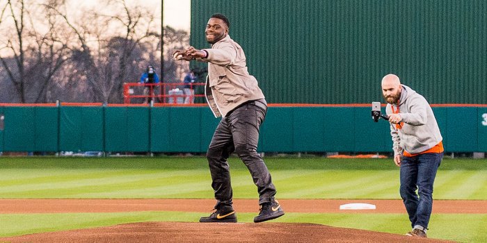 Lawson throws out the first pitch against South Carolina last week  (Photo by David Grooms)