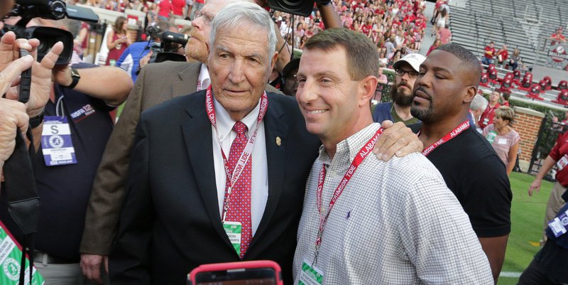 Swinney poses with Gene Stallings Saturday in Tuscaloosa (Photo by Marvin Gentry, USAT)