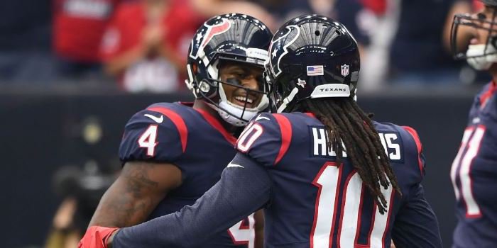 Deshaun Watson and DeAndre Hopkins connected 10 times for 107 yards and a touchdown Sunday (USA TODAY sports-Shanna Lockwood).