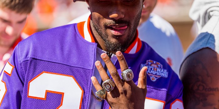 Cordrea Tankersley shows off his rings Saturday 
