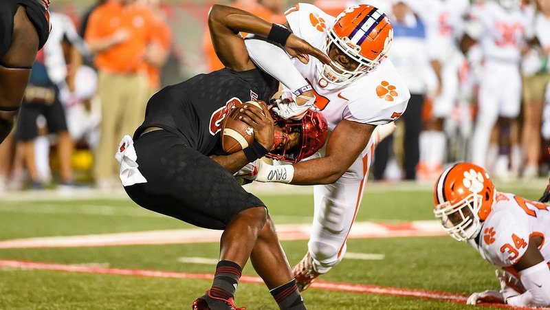 Clemson blew out Louisville last year with the help of Austin Bryant, shown here sacking Lamar Jackson