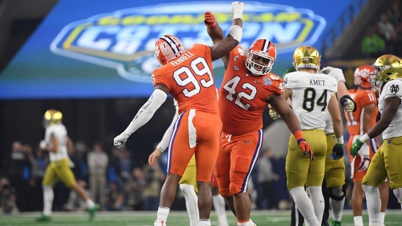 Clemson's defense celebrates early in the win over the Irish