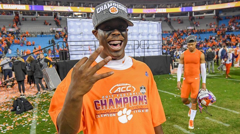 Etienne celebrates Clemson's win over Miami in the ACC Championship 