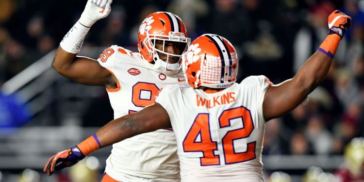 Clelin Ferrell and Christian Wilkins celebrate a sack against BC. (Photo: Brian Fluharty / USAT)