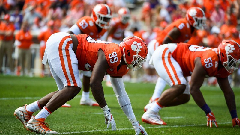 Clelin Ferrell lines up during Clemson's spring game (Photo by Adam Hagy, USA Today)
