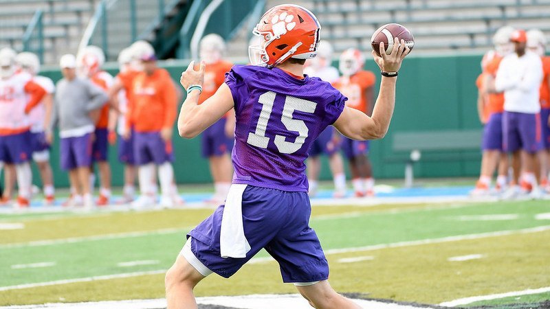 Hunter Johnson throws during practice for the Sugar Bowl 
