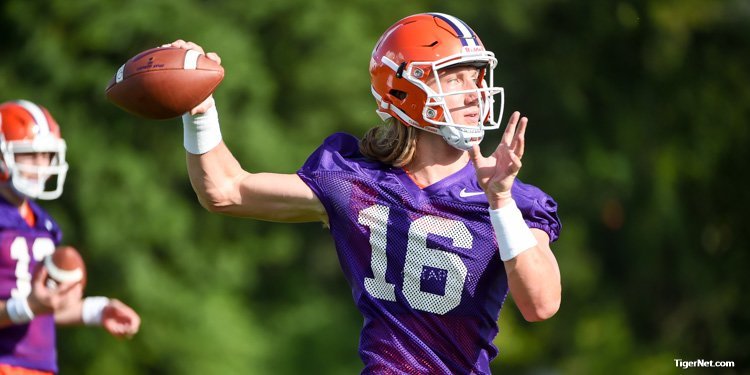 Trevor Lawrence throws during the early portion of practice 