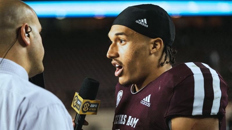 Kellen Mond after the Aggies' win in the season opener (Photo by Thomas Campbell, Texas A&M)
