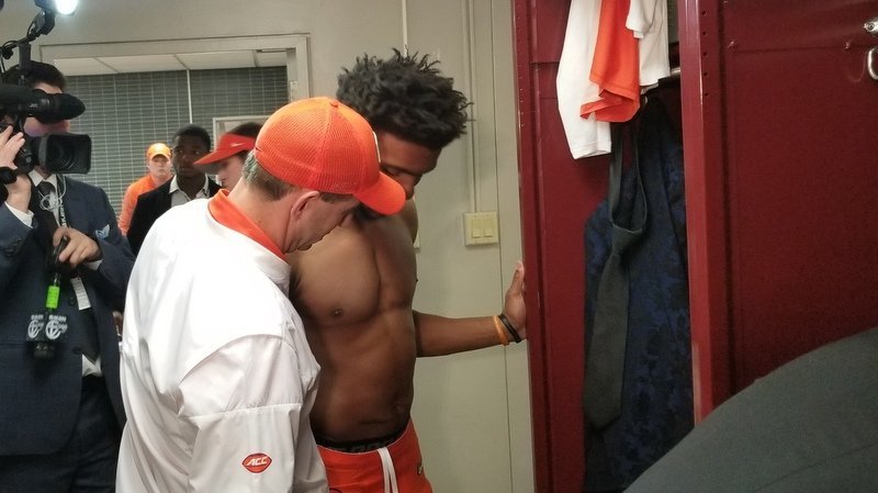 Dabo Swinney consoles quarterback Kelly Bryant after the game 