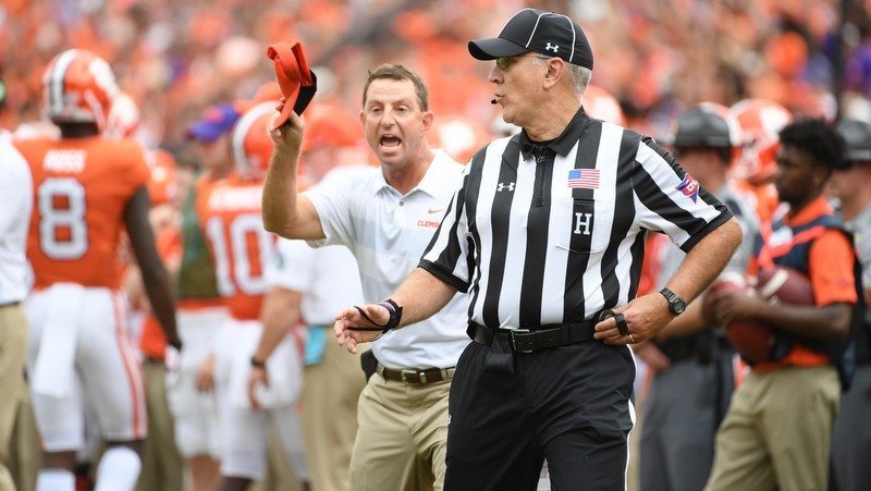 Clemson head coach Dabo Swinney yells at the officials during the first half