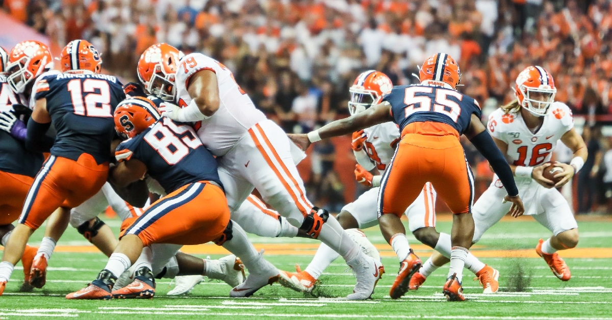 Jackson Carman (79) has anchored the left side of Clemson's offensive line 