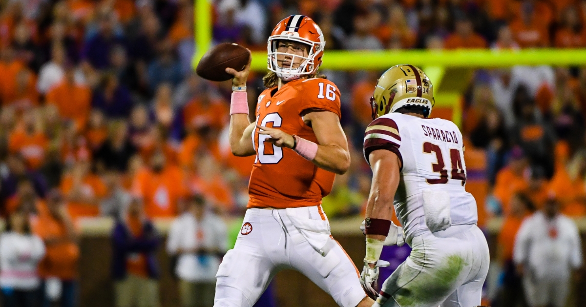 Trevor Lawrence delivers a pass against Boston College.