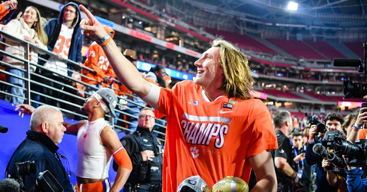 Trevor Lawrence points to the crowd after the win over Ohio St. 