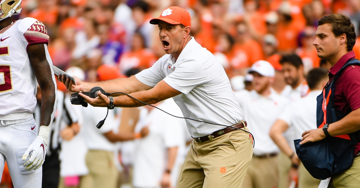 Swinney yells at the referee during the win over FSU 