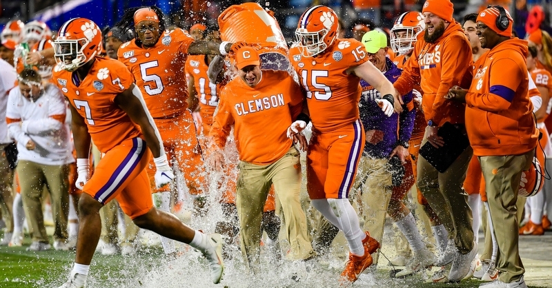 Swinney gets a Gatorade bath at the end of the game Saturday.