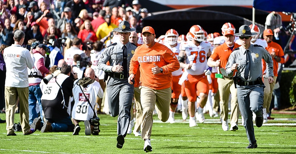 Dabo Swinney leads his team out on the field at South Carolina Saturday 