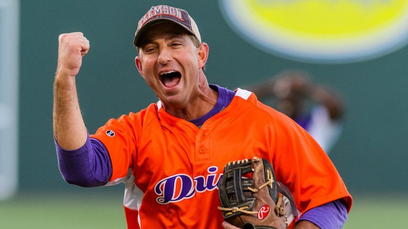 Swinney flashes a smile during Monday's celebrity softball game (Photo by David Grooms)