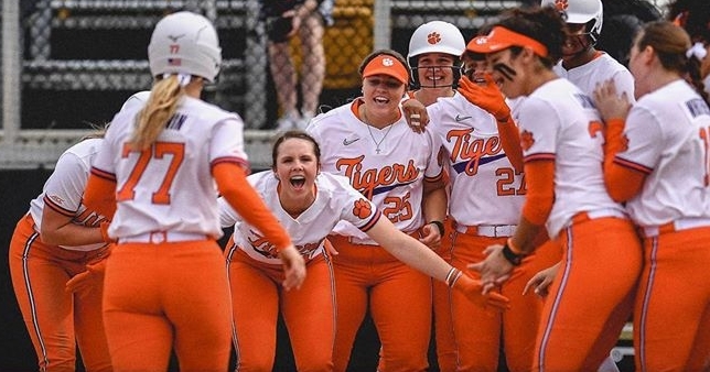Goodwin is greeted at home plate after her homer (Courtesy of Clemson Softball)