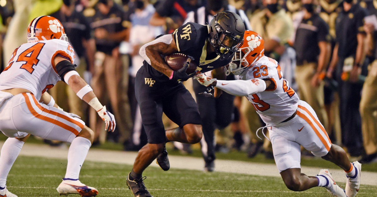 Clemson's defense makes a tackle early in the win over Wake. (Photo courtesy ACC)