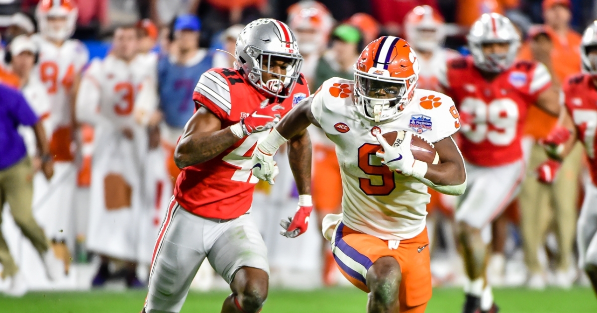 Etienne looks for room against Ohio St. in the Fiesta Bowl