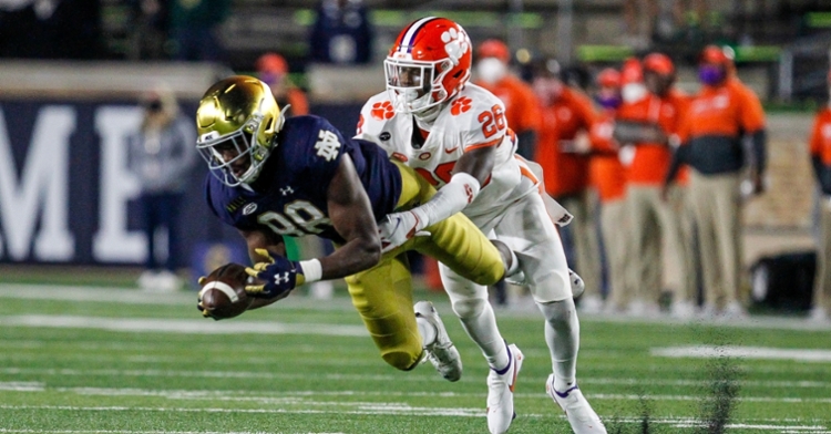 Sheridan Jones covers a Notre Dame receiver. (Photo courtesy ACC)