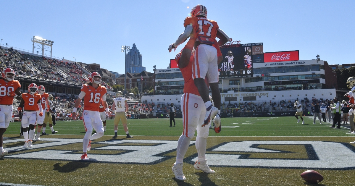 Clemson celebrates an early touchdown at GT. (Photo courtesy of ACC)