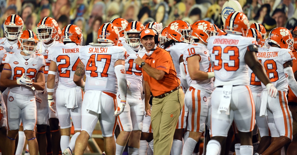 Head coach Dabo Swinney encourages his players during the win over Wake.