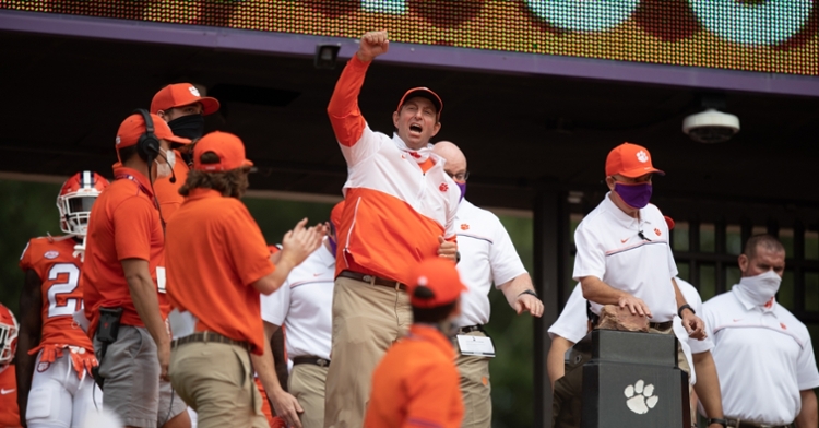 Clemson head coach Dabo Swinney at the top of the hill Saturday. 