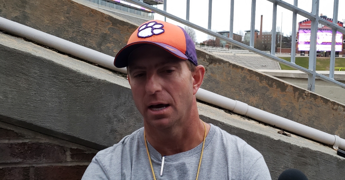 Swinney talks to the media after the scrimmage Wednesday 