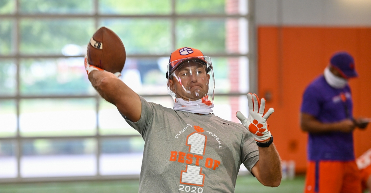 Swinney throws with a face shield before the start of practice. (Photo courtesy of CU Athletics)